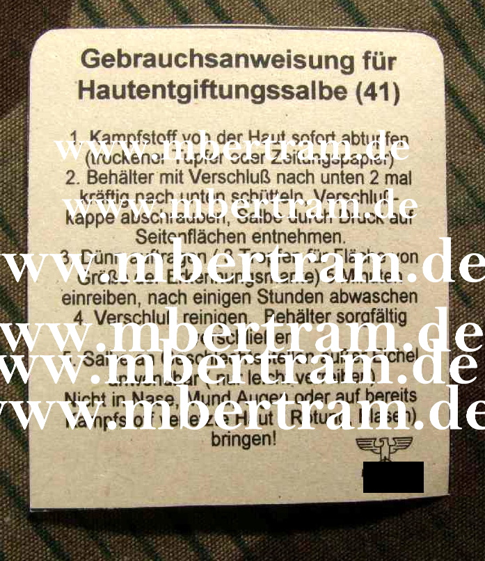 Wehrmacht: Papier Aufkleber Gas-Hautentgiftungssalbe 41