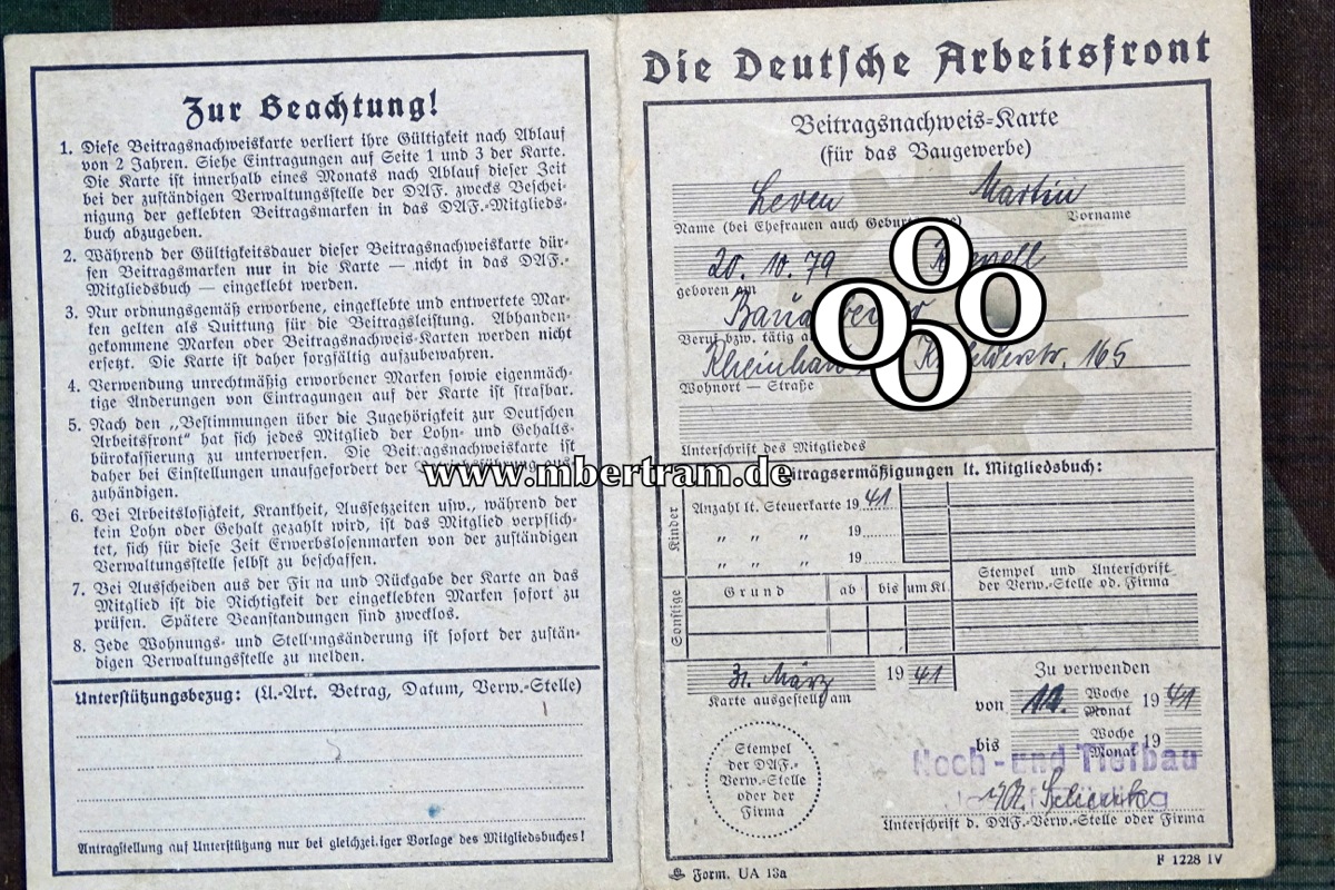 Beitragsnachweis - Karte Deutsche Arbeitsfront / DAF, Martin L. Rheinhausen 1941