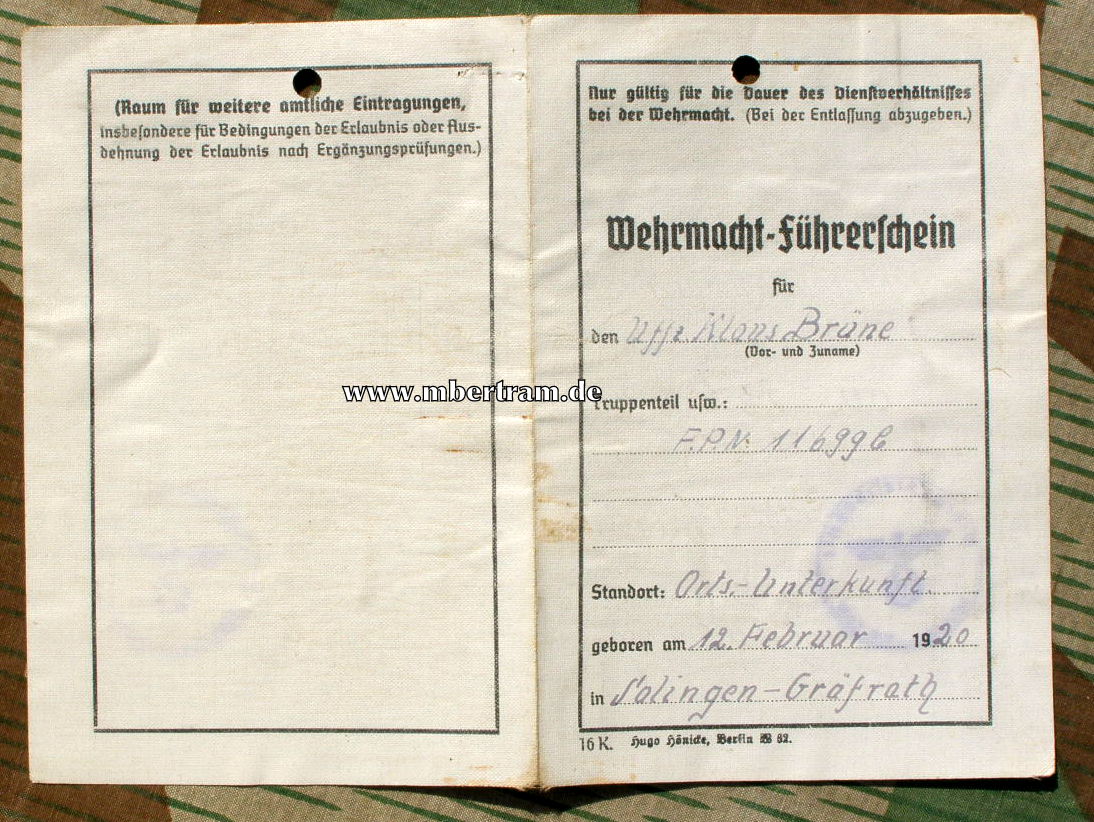 Wehrmachtsführerschein Uffz. Klaus Brünne,Kl. 2 u.3, 1943