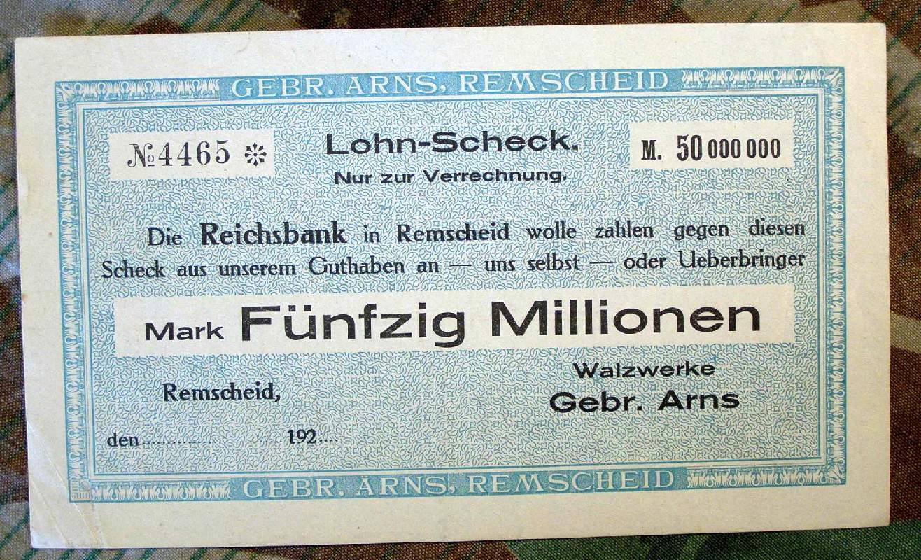 Lohn -Scheck zur Verrechnung, Walzwerk Arns Remscheid