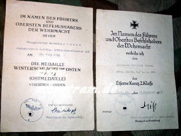 Urkunden: Stabs.Battr.I./A.R.206, Urk. EK2, Ostmedaille