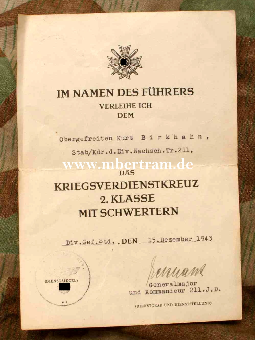 Signatur Eichenlaubtr. GenMj. Eckardt auf Urkunde KvK 2. Kl.