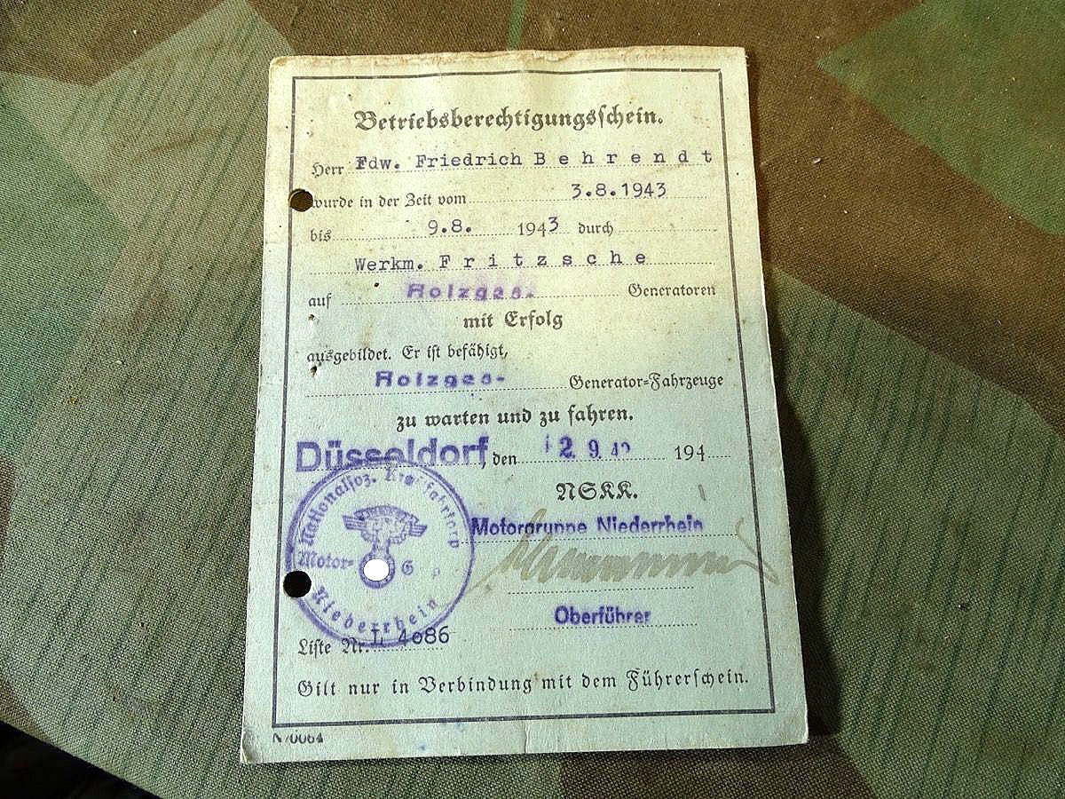 Wehrmacht - NSKK Motorgruppe Niederrhein  Zusatz Führeschein für Feldw. F.Behrendt ,  Generator KFZ