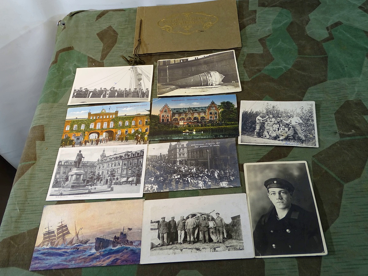 10 Fotos/ Postkarten Marine Soldat 1. Weltkrieg, Marine Artillerie Küstenbatterie und Album mit Stadtansichten Wilhelmshaven Rüstringen