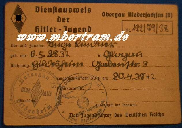Dienstausweis HJ, Gau Nieders., Unterg.79, Hildesheim 1942