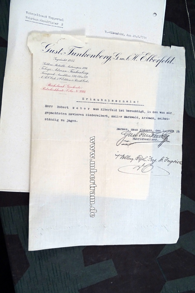 14726-11 Jagdschein 1918 Lt. Landwehr II, Landsturm Inf. Btl. Barmen, Waffenpass Hessen