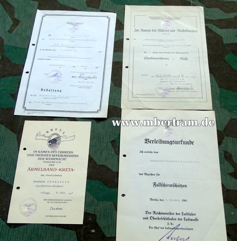 Urkunden Uffz. Fallschirmjäger Fritz D. ,Fl.Schtz.Abz....