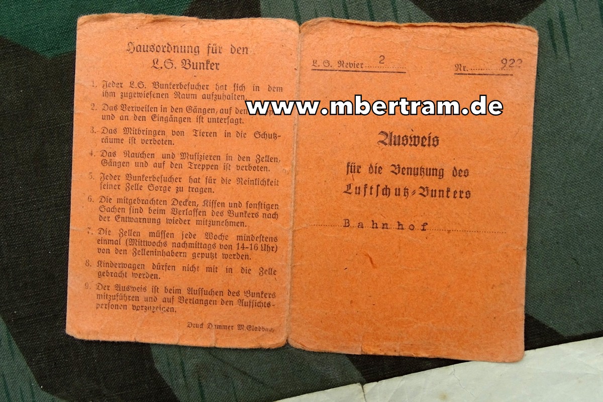 Ausweis für die Benutzung des Luftschutz Bunkers M.Gladbach Bahnhof, 1.6.1944
