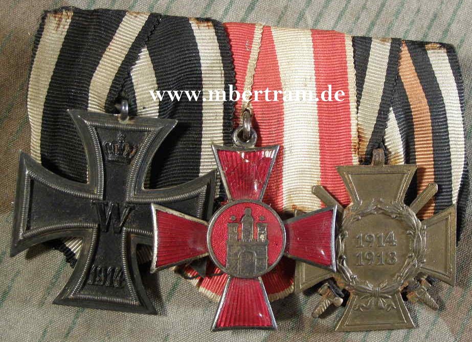 3er Ordensspange: EK2 14, Hanseatenkr. HH, Ehrenkr.f.Frk.