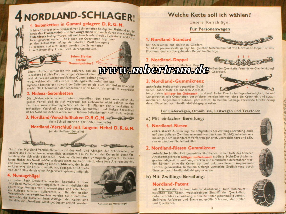 Bunter Werbeprospekt "Nordland Schneeketten" 1936