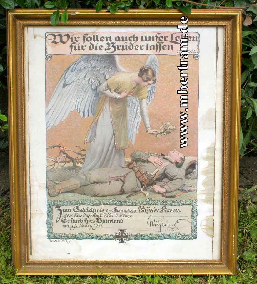 Urkunde, Heldentod Grenadier Inf. Rgt. 262, 1918, 53x46cm