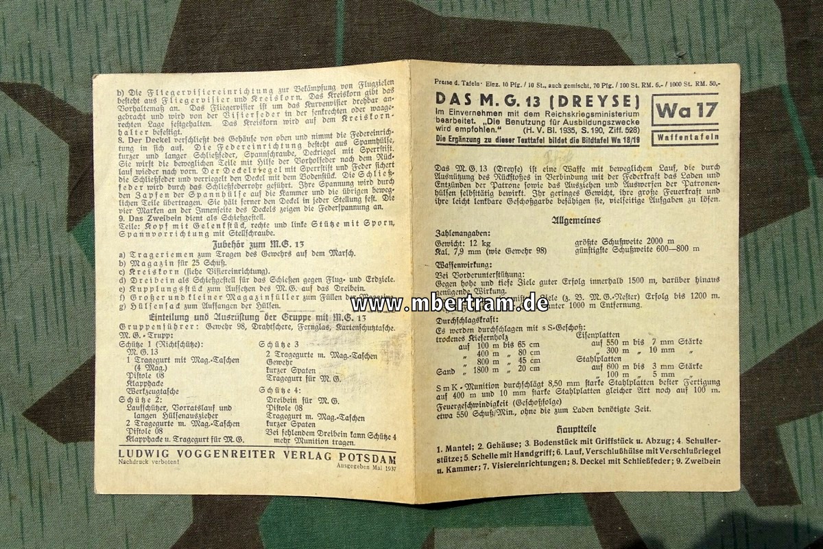 "Das M.G.13 ( Dreyse ) " Wa 17 Waffentafeln,   November 1937