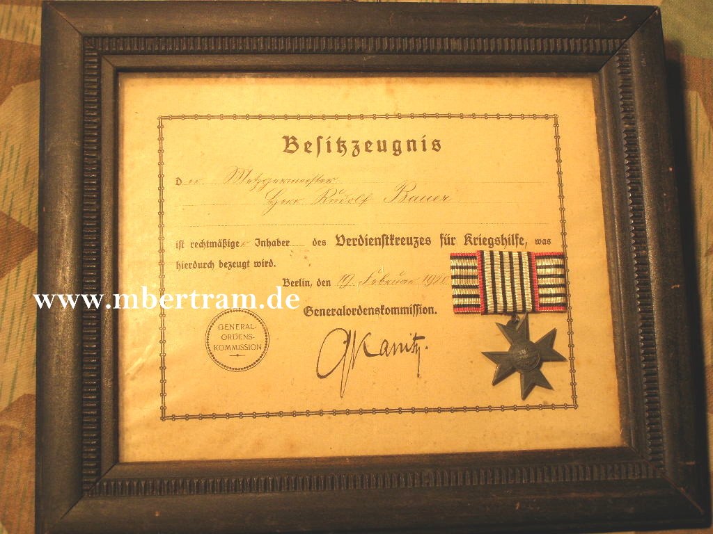 Besitzzeugniss Verdienstkreuz für Kriegshilfsdienst, mit Abz.