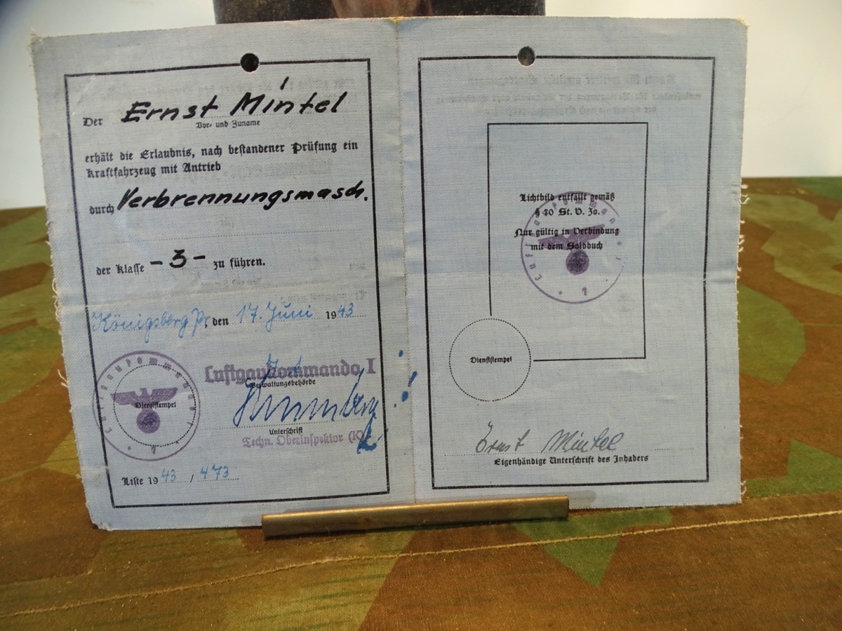 Luftwaffen Führerschein E.Mintel aus Danzig, LG Kdo I Königsberg