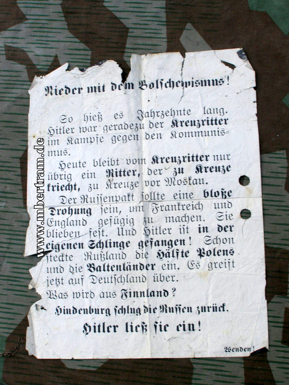 Alliiertes Propaganda Flugblatt " Hindenburg schlug Russen.....