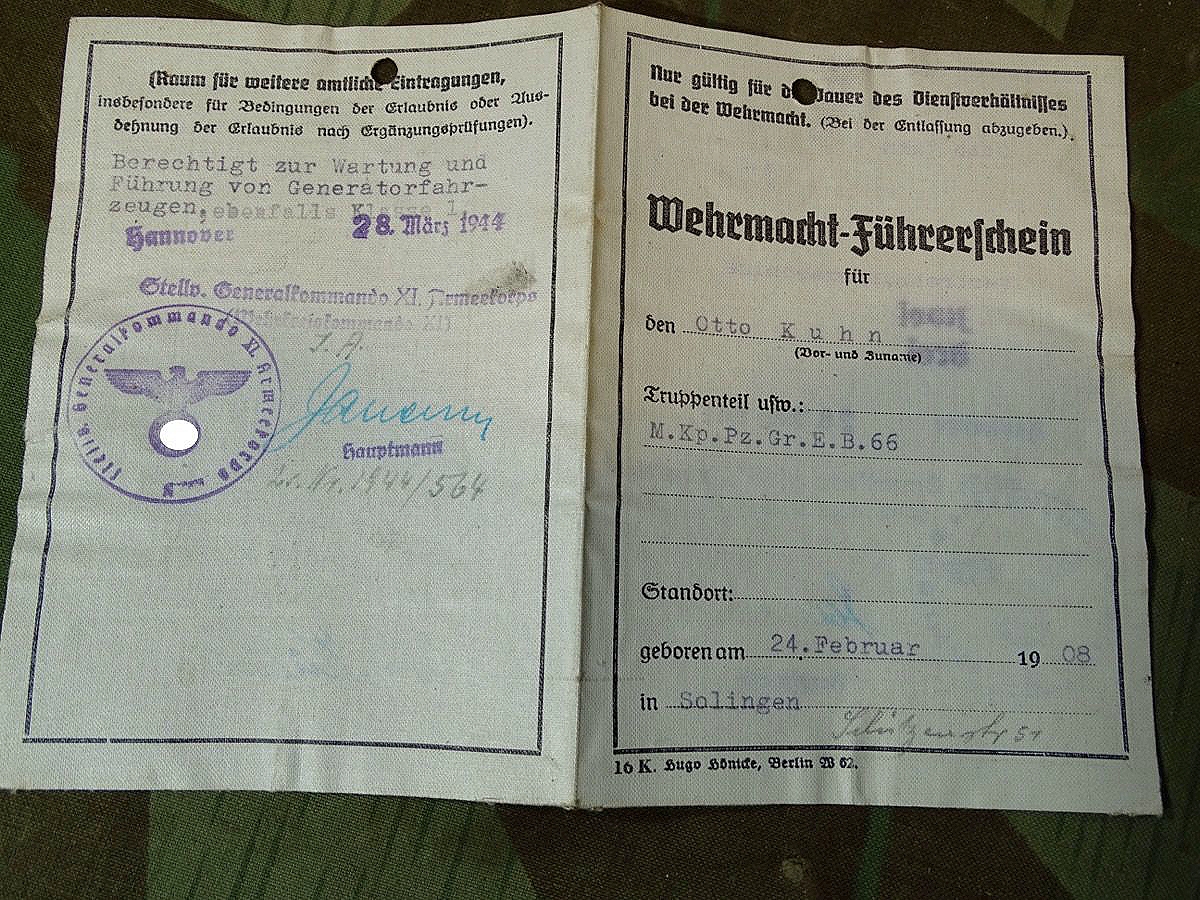 Wehrmacht Führerschein Otto K. aus SG, Mot.Kp Pz. Gren. E.B.66, Kl.2+3, Generator KFZ