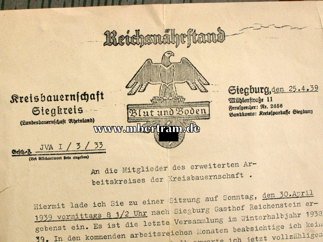 Einladung Arbeitskreis Kreisbauernschaft Siegkreis 25.4.1939