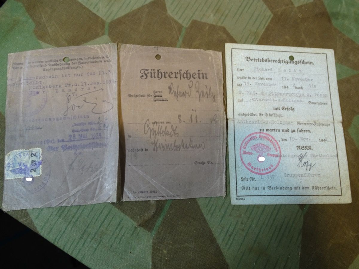 Führerschein Kl. 3 Königsberg /Pr. u. f. Anthrazit u.Holzgas Generator Kfz, NSKK/ NSFK Motorgruppe Wartheland