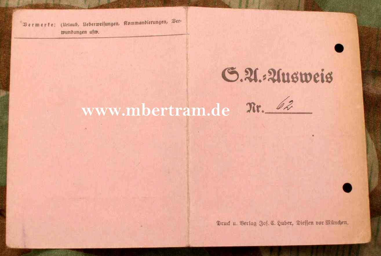 SA Ausweis vom 24.3.1934, Sturm Niedersachsen S.A. R. 1.