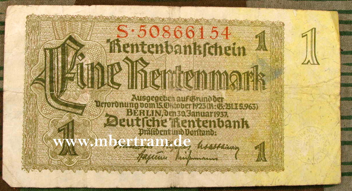 Rentenbankschein über 1 Reichsmark, nach 1933