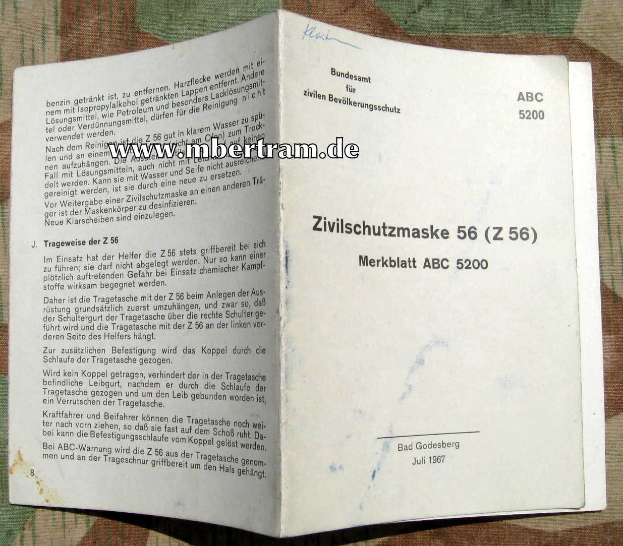 Zivilschutzmaske Z 56, Merkblatt ABC 5200, " Kalter Krieg"