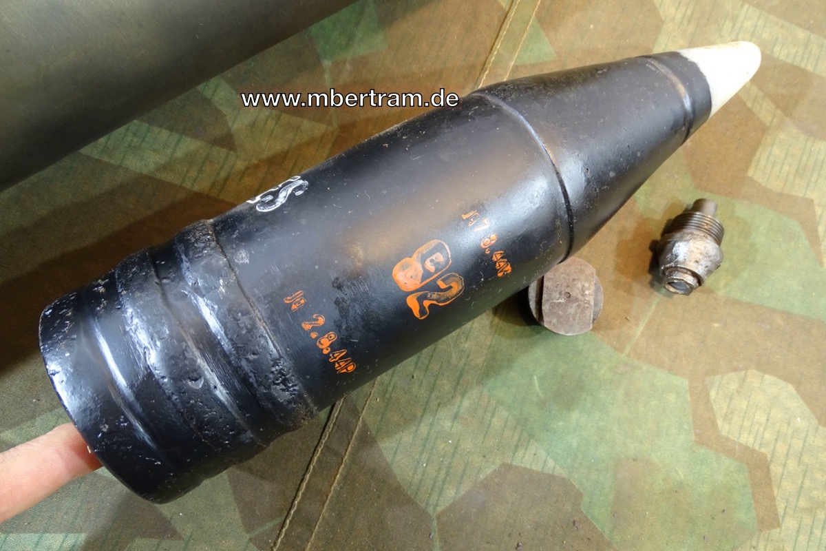 10382-5ezQa03PaNjfDA Wehrmacht Deko Sturmgeschütz Panzer Granate 7,5cm KWK 40 mit Hülse, Bodenzünder und Zündschraube