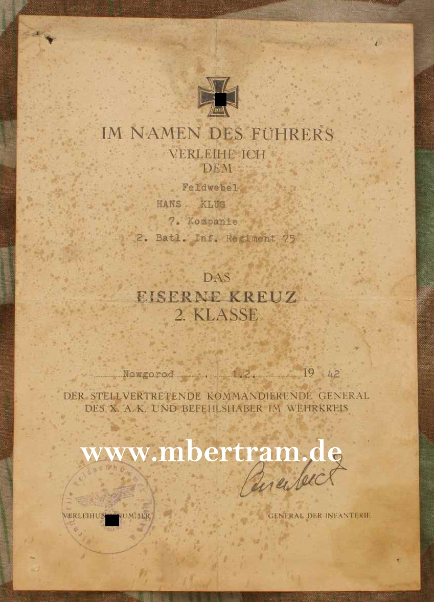Urkunde EK2 39,7.Kp.2.Btl. nf. Rgt.75, Signatur Kdr. General.