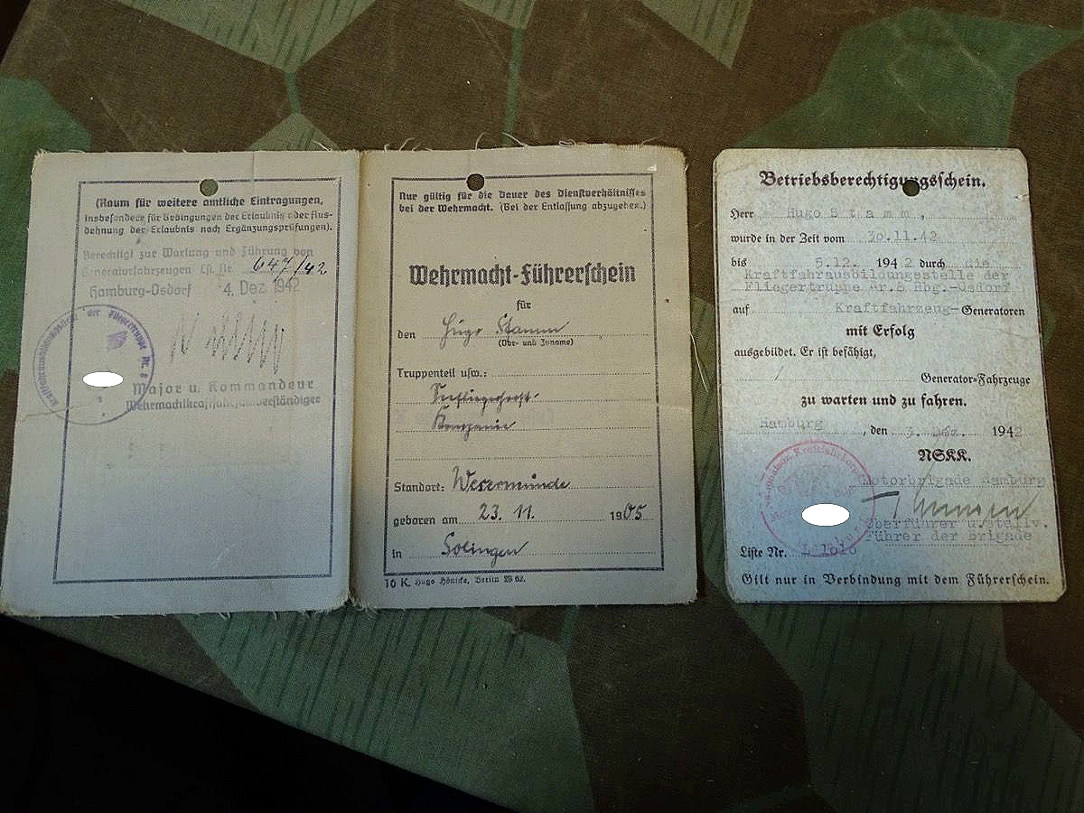 Luftwaffen u. NSKK Führerschein Hugo St. aus SG, Standort Warnemünde,  Kl.2+3, Generator KFZ