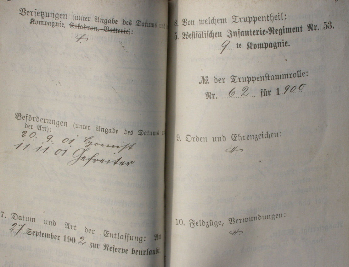 10340-11 Reservistenflasche, Militärpass. 5. Westf. Inf. Rgt. No.53