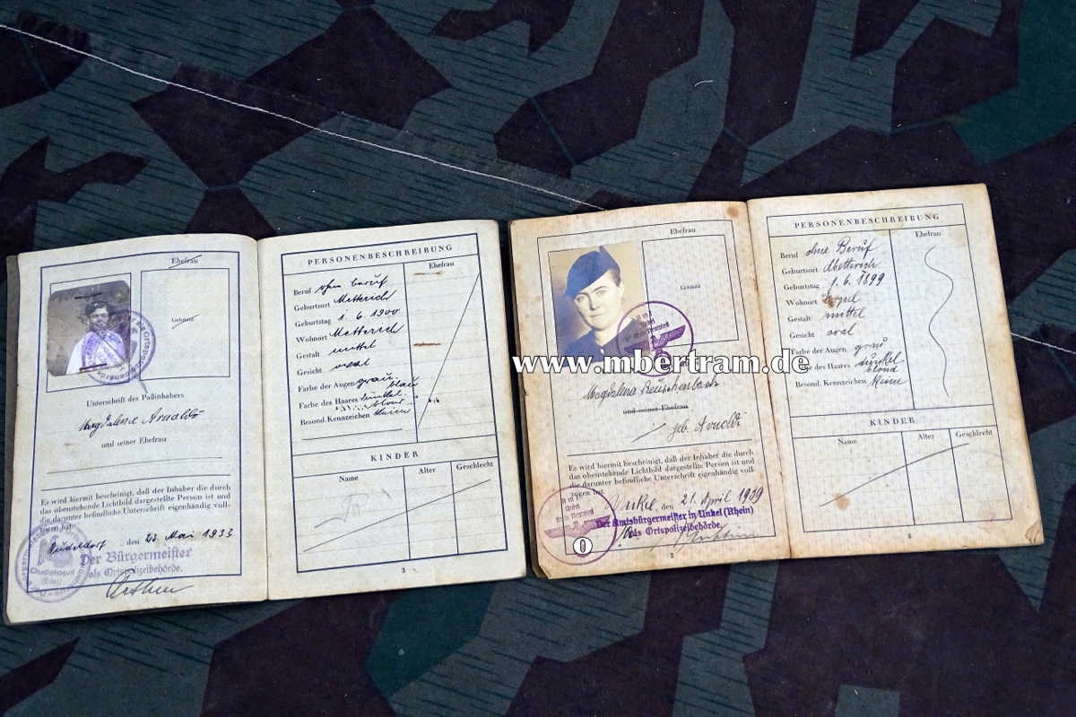 2 Reisepässe Deutsches Reich, gleiche Person: M. Arnoldy, Dudeldorf / Eifel 1933/39