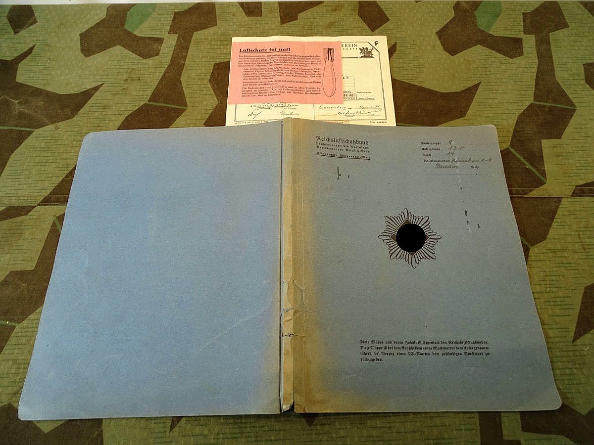 Reichsluftschuztbund Schnellhefter für Blockwarte mit LS Merkblatt u Versicherungsschein v. 1934