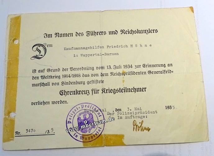 Urkunde zum Ehrenkreuz für Kriegsteilnehmer