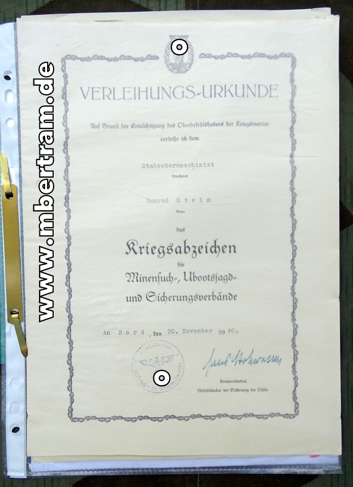 Urkundennachlass Kriegsmarine, Minensuchabzeichen, KM Dienstauszeichnung 3 u.4 Klasse, EK 2 1939