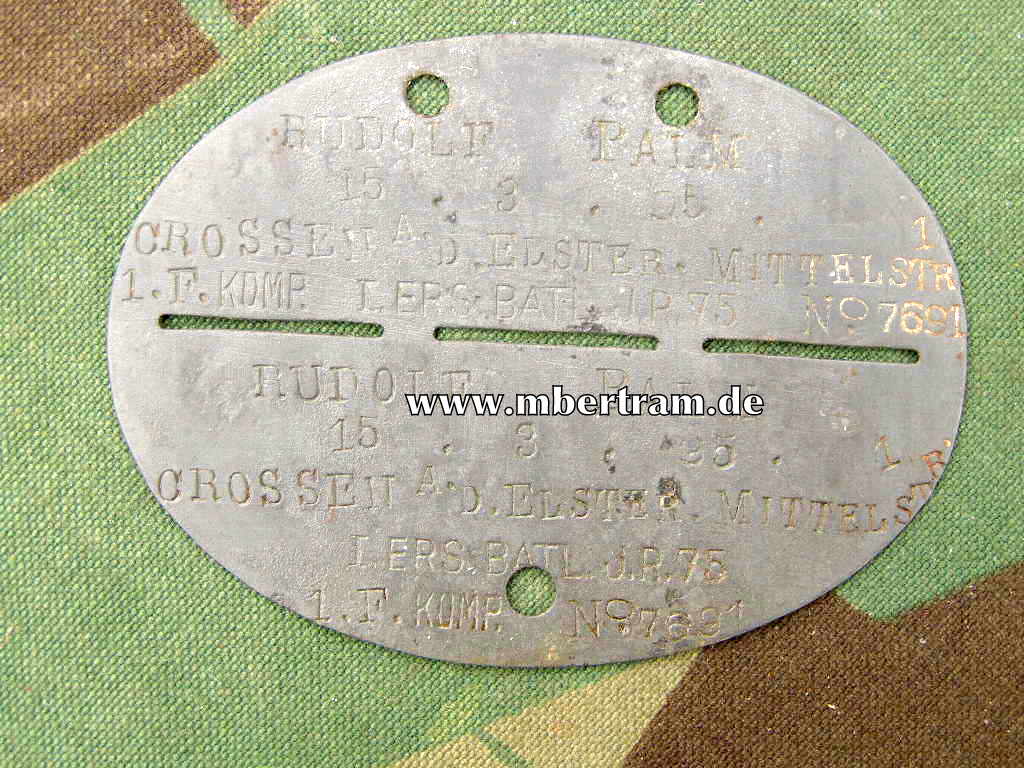 Wehrmacht Erkennungsmarke:" 1.F.Komp. I.Ers.Batl. I.R.75