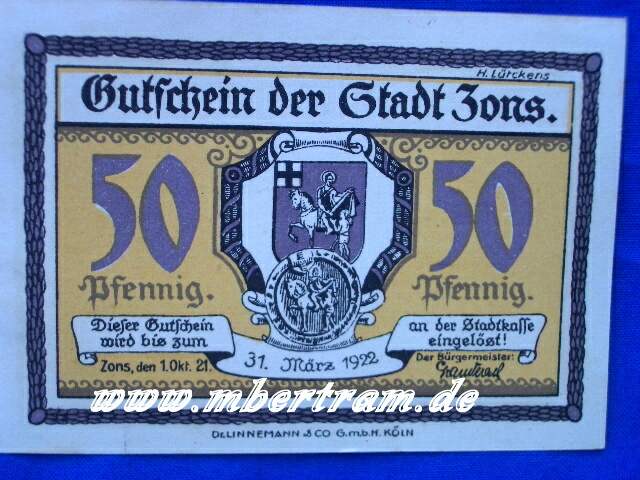 Notgeld der Stadt Zons über 50 Pfennig 1922