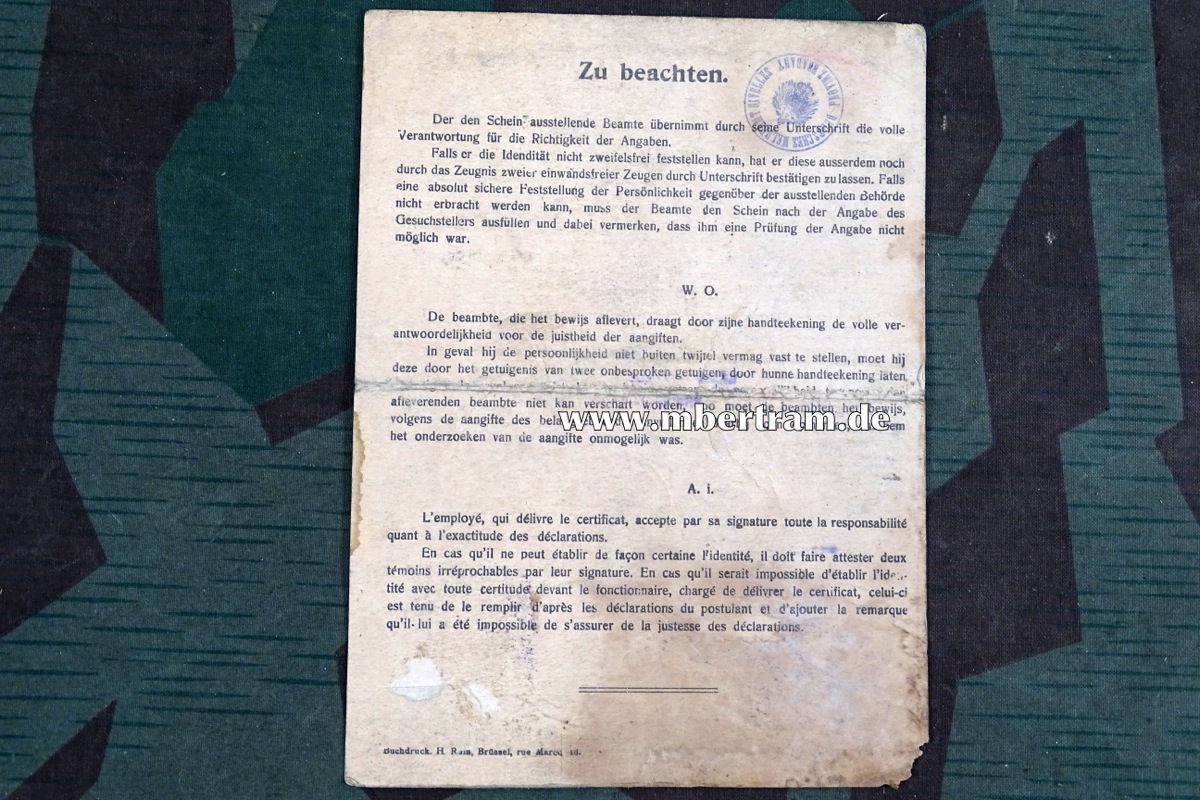 Deutscher Personal- Ausweis Rumbert Firmin, Belgier, 16.09.1915