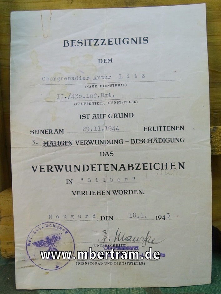 Besitzzeugnis für das Verwundetenabzeichen in Silber vom 18.01. 1945 !!