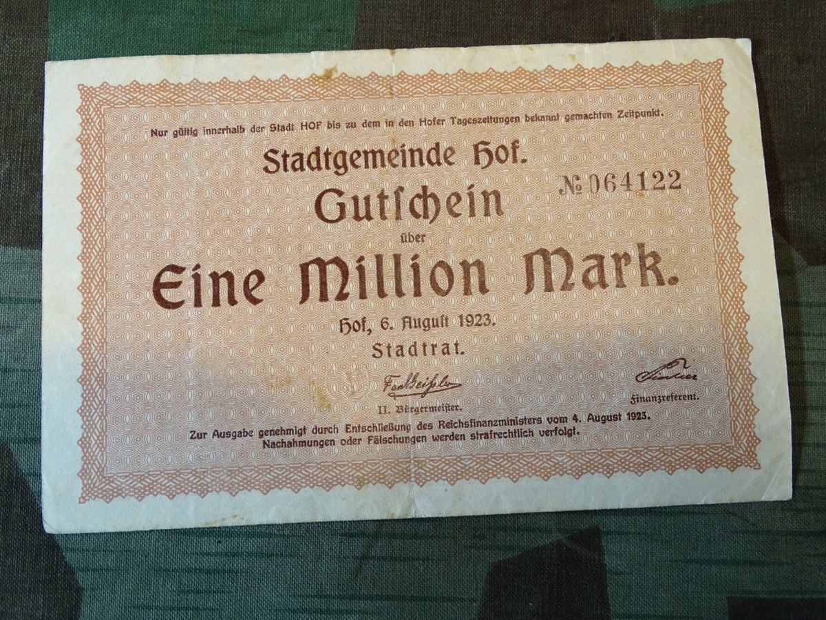 Stadtgemeinde Hof,  Kleine Auflage, kurz gedruckt.  1 Million Reichsmark Original Geldschein goldene 20 `er Jahre und Inflationszeit... 