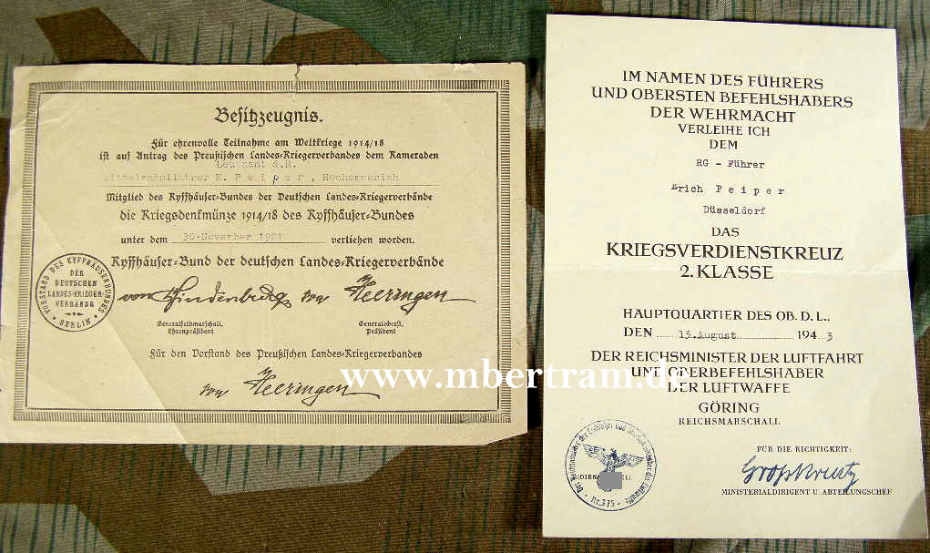 Urkunde KvK 2 Kl . für  Regiments Führer d.  Luftwaffe u. Besitzzeugniss Kriegsdenkmünze 14/18.  