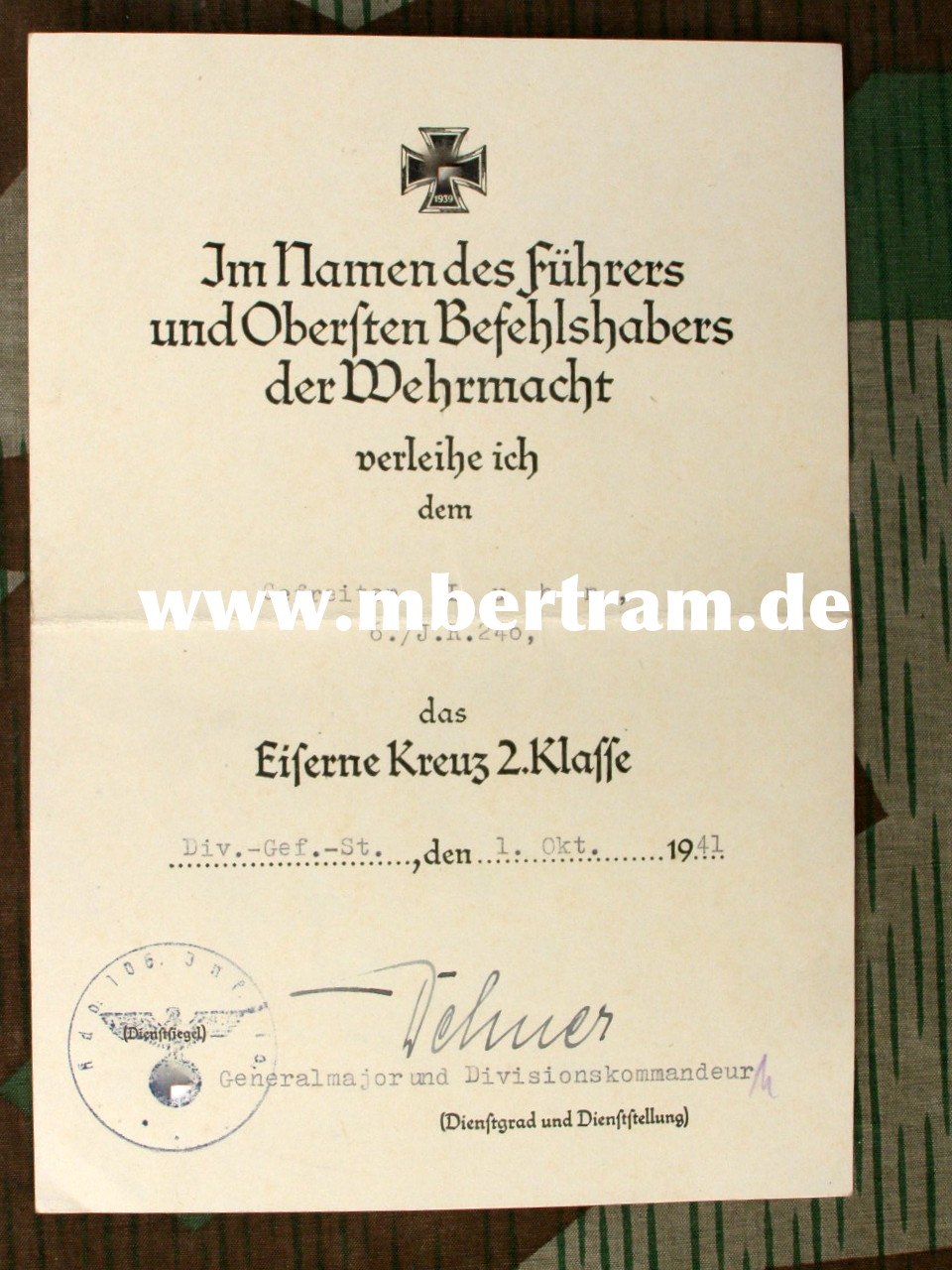Urkunden: 6.Inf.Rgt 240: Schutzwall.,ISA, EK2, Verw.Abz., Ostm.