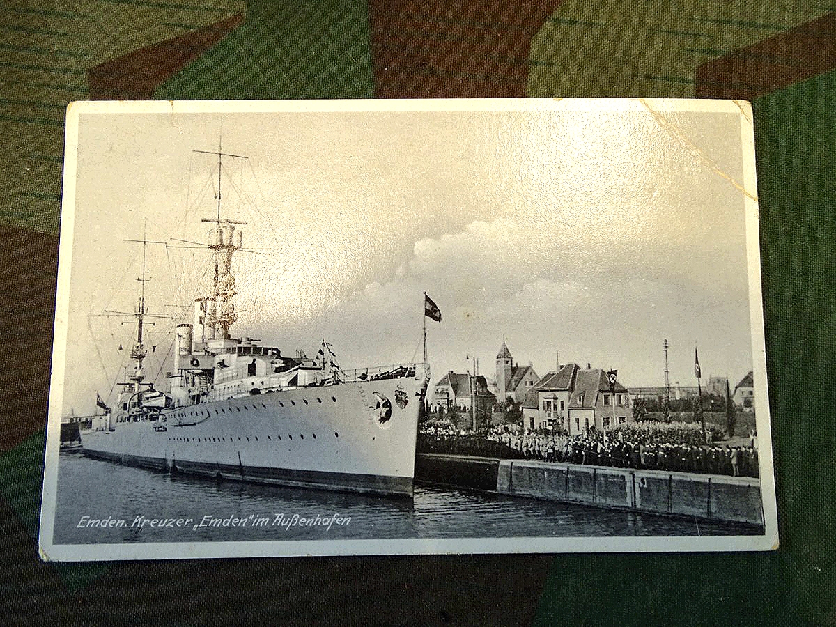 Feldpostkarte mit Schiffsstempel Kreuzer Emden in Außenhafen 1940, gelaufen