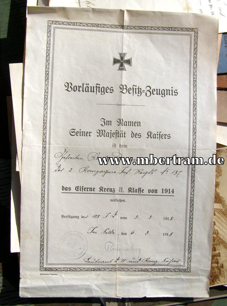 12438-3 Dokumenten: 2. Kp. Inf. Rgt. 137, Urkunde EK2...