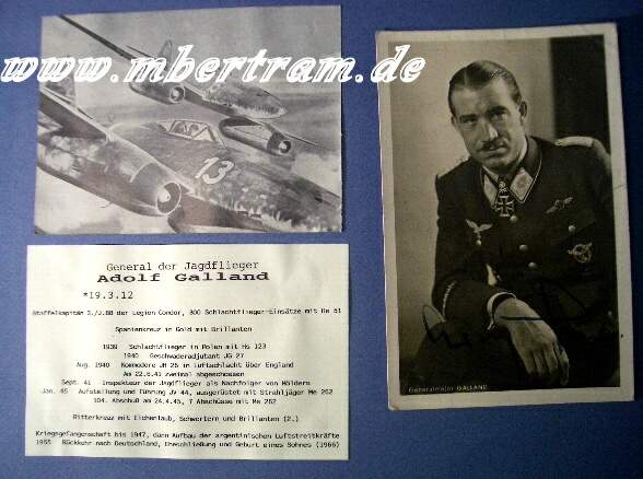 OriginalsignaturAdolf Galland, RK Eichenlaub, Schw., Brilli.