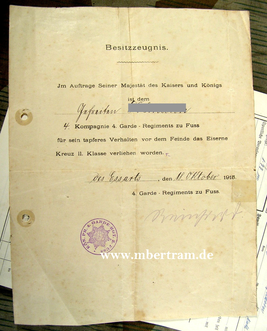 Urkunde EK2 14, Gefr. Kolmann,.4.Kp. 4.Garde Rgt. zu Fuss