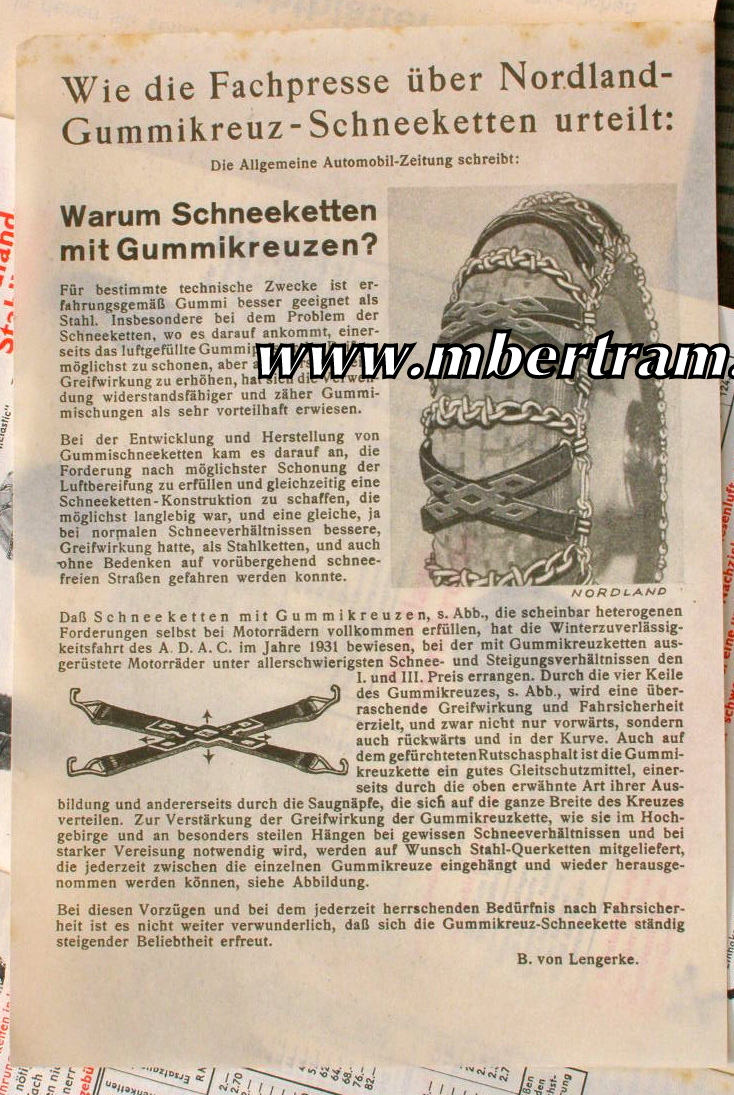 Bunter Werbeprospekt "Nordland Schneeketten" 1936