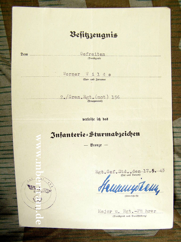 Besitzzeugniss Infanterie Sturmabzeichen in Bronze 1943