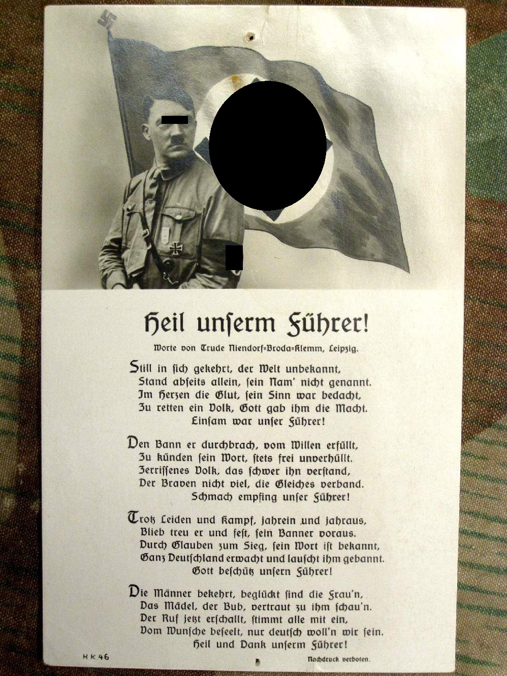 Adolf Hitler, Heil unserem Führer", mit Gedicht vor HK Fahne