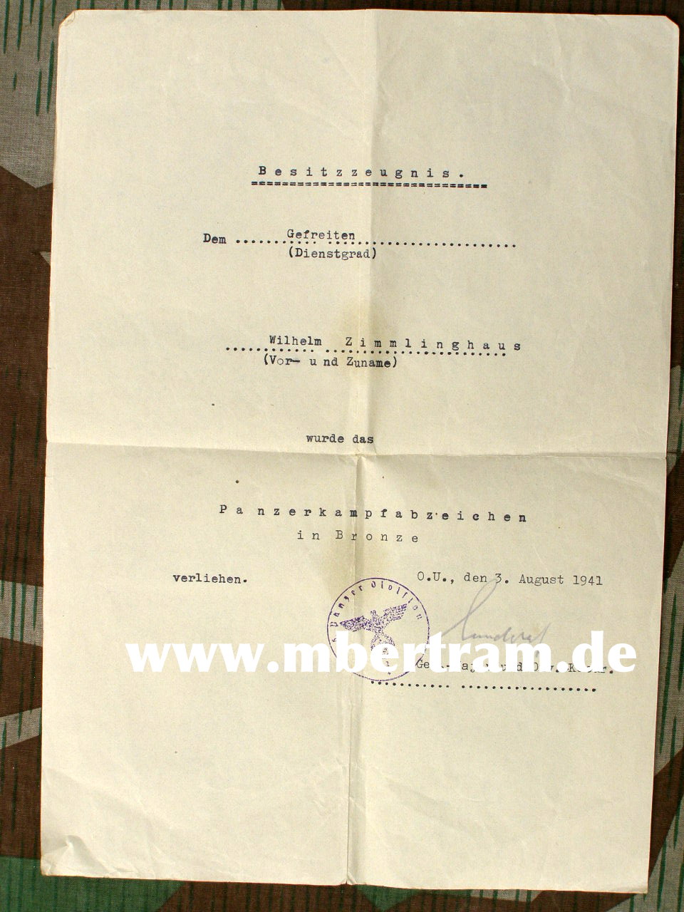 Besitzzeugnis Panzerkampfabzeichen Bronze 3.8.1941