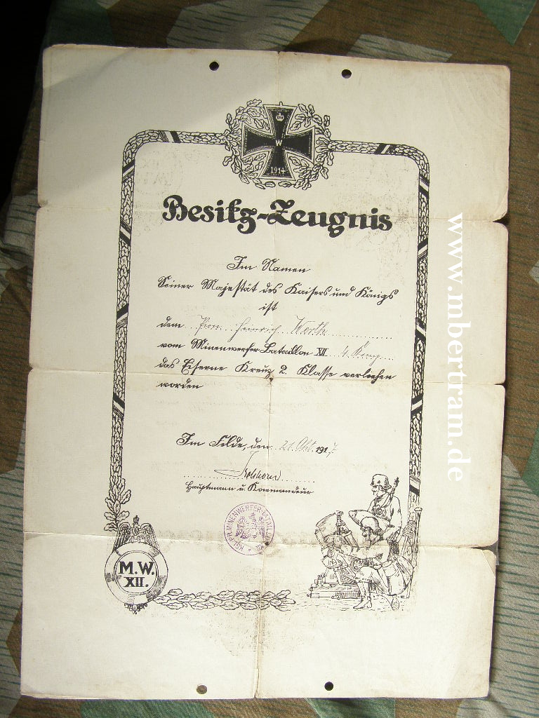Grossformatiges Besitzzeugnis EK 2 1914
