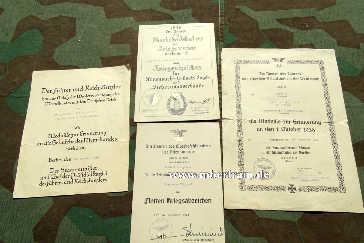 Urkunden: Minensuch., FlottenKr.Abz., Okt.38, Memel Med....